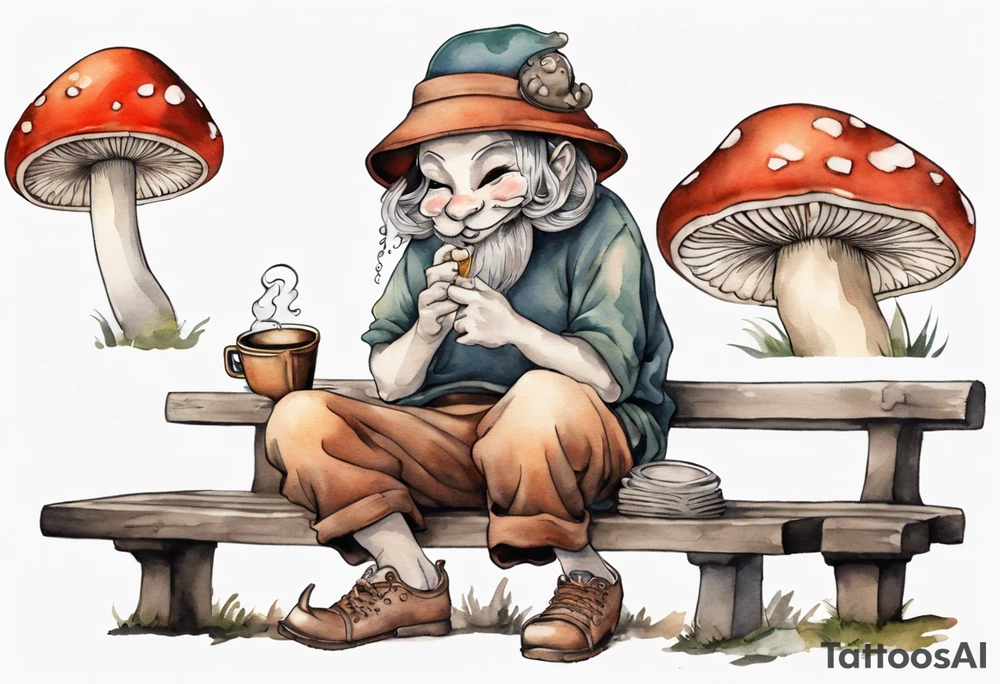 a mushroom Gwyllion
wearing a mushroom hat sitting on a bench by a fireplace drinking from a wood cup, laughing tattoo idea
