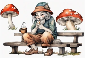 a mushroom Gwyllion
wearing a mushroom hat sitting on a bench by a fireplace drinking from a wood cup, laughing tattoo idea