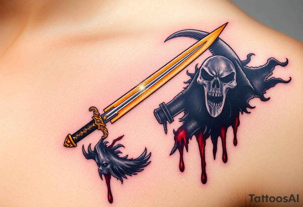 A brilliant sword with a golden hilt, sparkling with rays of light, clashing against a dark, menacing scythe, dripping with black mist and dark crimson blood, creating a dynamic contrast between hope and despair tattoo idea