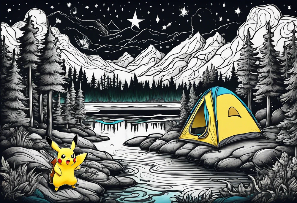 Framed forest scene at night. Pikachu camping near river tattoo idea