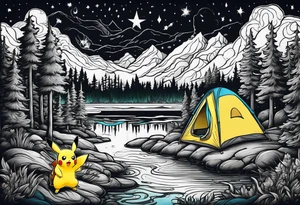 Framed forest scene at night. Pikachu camping near river tattoo idea