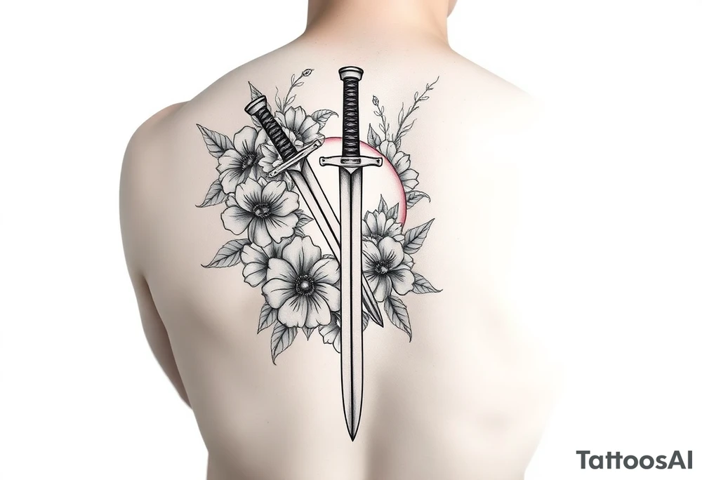 Masculine Japanese sword with flowers around it forearm tattoo idea