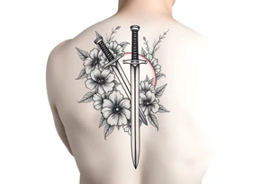 Masculine Japanese sword with flowers around it forearm tattoo idea