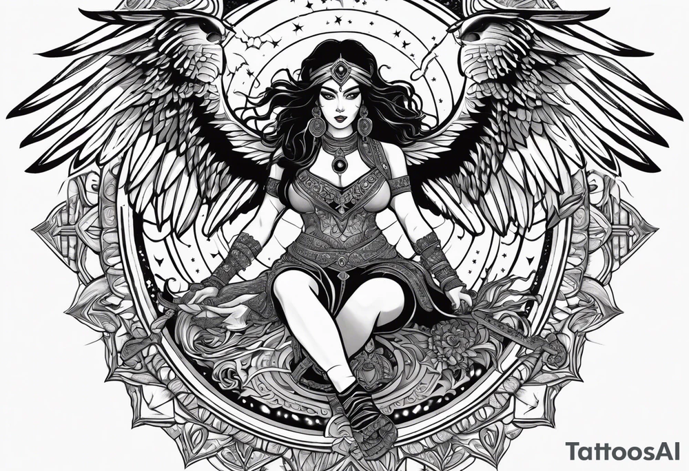 black kali, goddess pirate, alien, angel, pachamama, valkrye, warrior, flying, skull, lotus azul, wing, eagle, zenza resonance, stars, 5D, anahata chakra, death, durga, riding on a tiger, flying lady tattoo idea