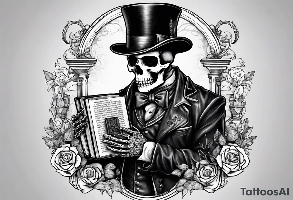 skeleton with skin falling off wearing a top hat holding a holy bible tattoo idea