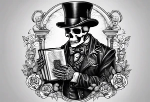 skeleton with skin falling off wearing a top hat holding a holy bible tattoo idea