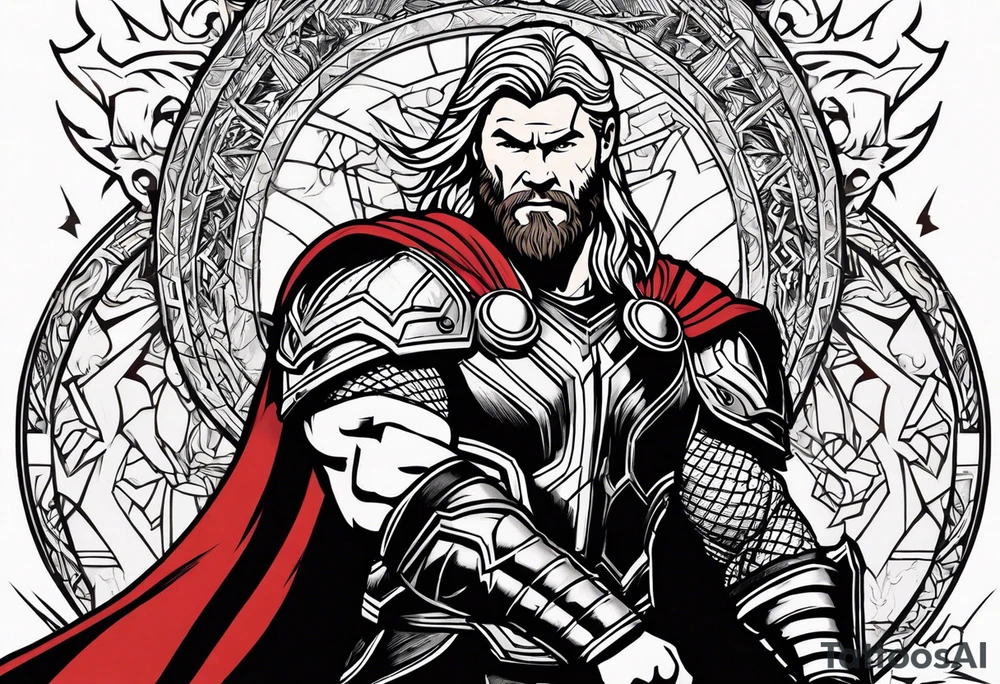 The Mighty Thor that looks like the Chris Hemsworth version with lightning in the background tattoo idea