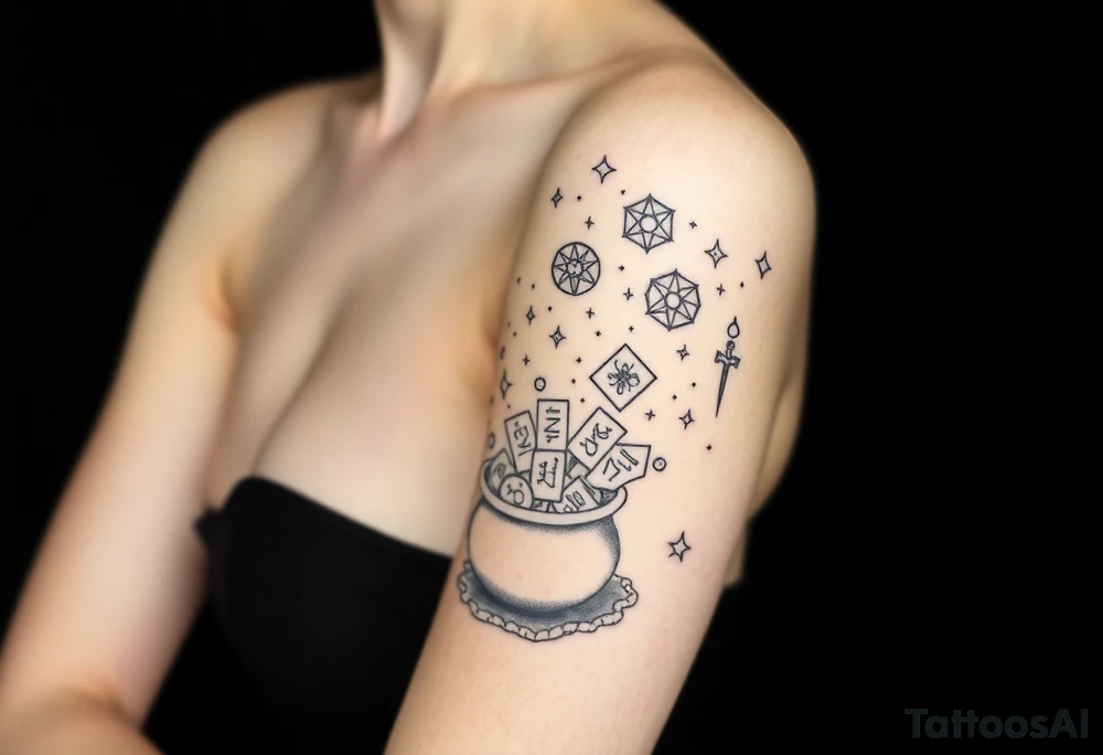 Milky way filled with zodiac symbols runes tarot cards coming out of a cauldron tattoo idea