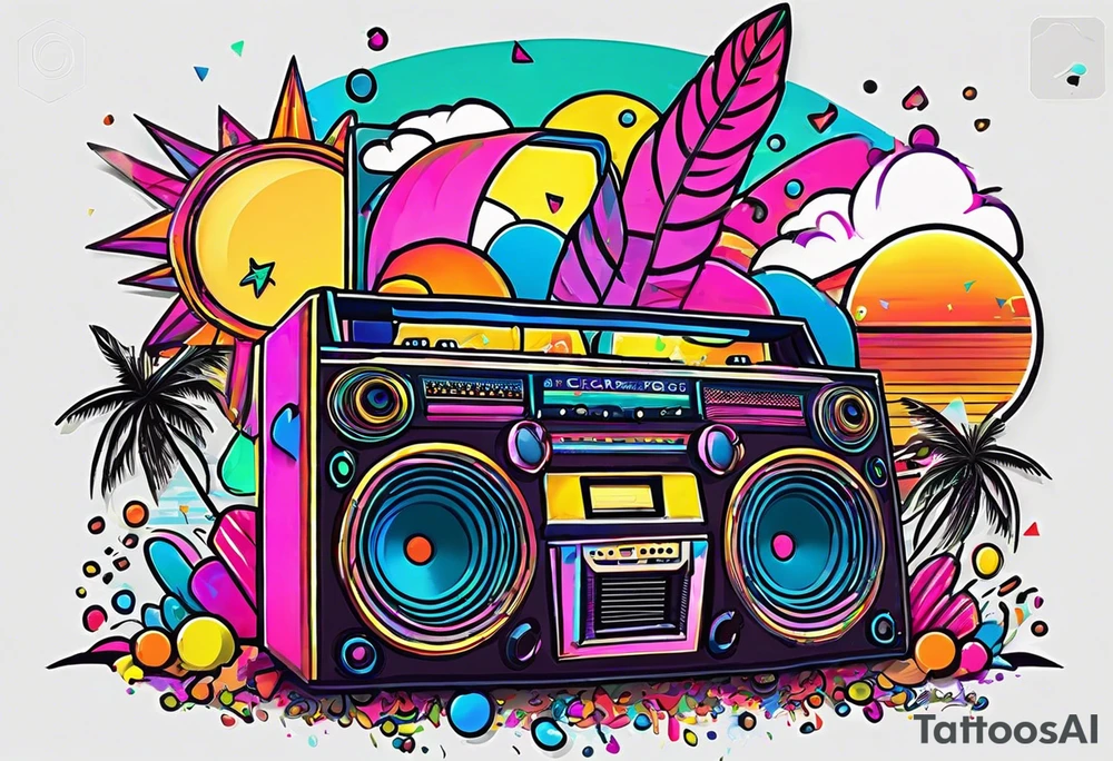 1980's style dance party with boom box and confetti in a beach theme. include people in 80's miami beach clothes, music note. tattoo idea