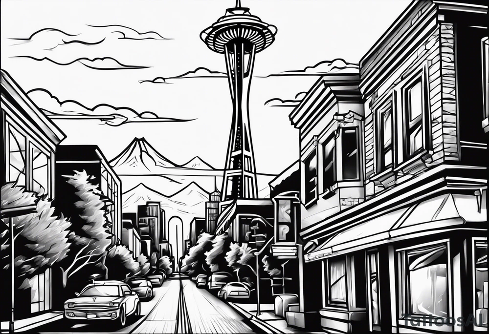 Street sign with space needle in the background tattoo idea