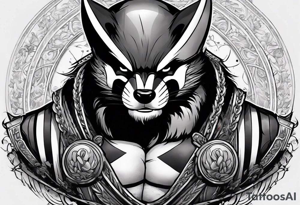 Draw me badger/wolverine with aggressive full body show, killer face with cute smile, very long nails and he attacks like a Turkish gladiator to enemy and also he has very deadly looking tattoo idea