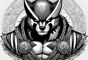 Draw me badger/wolverine with aggressive full body show, killer face with cute smile, very long nails and he attacks like a Turkish gladiator to enemy and also he has very deadly looking tattoo idea