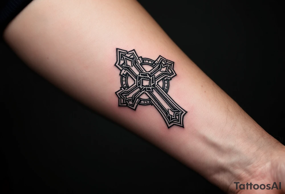 A Celtic cross with sharp, geometric edges, blending traditional design with modern minimalism. tattoo idea