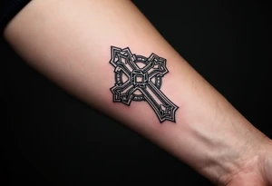 A Celtic cross with sharp, geometric edges, blending traditional design with modern minimalism. tattoo idea