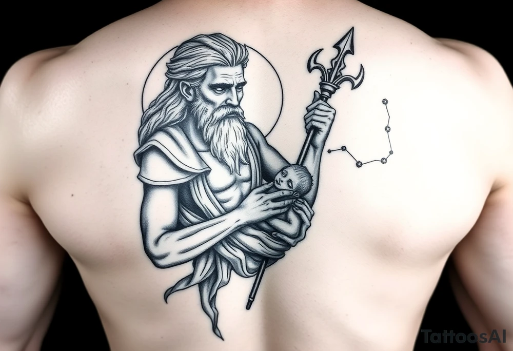 a tattoo design of the Greek God Saturn but older and nearly dying holding his spear in one hand with the Saturn Symbol as the spear head, in his other arms cradling a twin dying younger version of himself. The gemini constellation is in the background behind the Saturn Gods tattoo idea