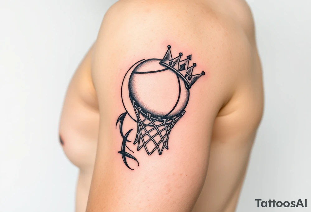 Basketball and basketball hoop with a crown, tribal influence tattoo idea
