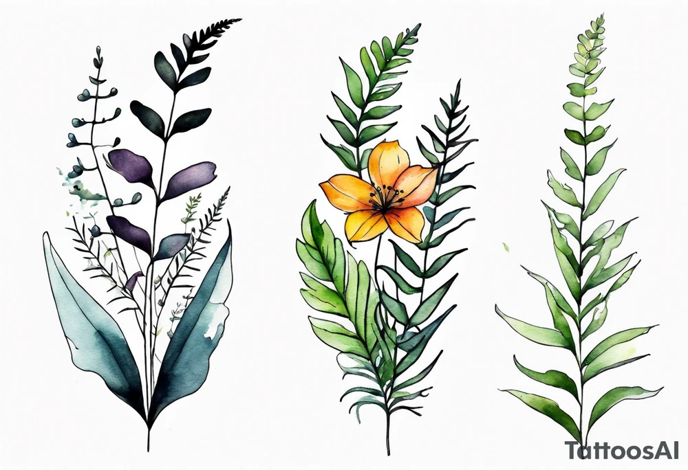 vertical mixed wildflower with ferns and with watercolor tattoo idea