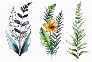 vertical mixed wildflower with ferns and with watercolor tattoo idea