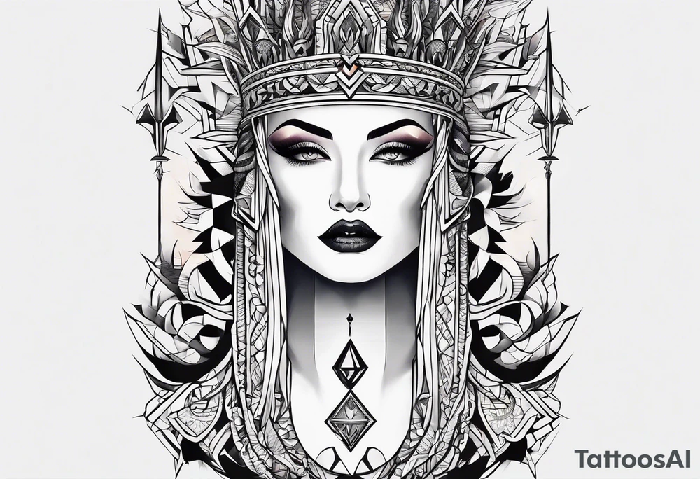 Bold geometric tapestry trident in colour on arm tattoo idea