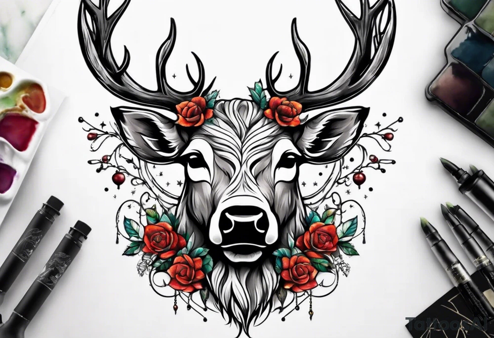 back tattoo of a front view reindeer with half the face as a skull tattoo idea