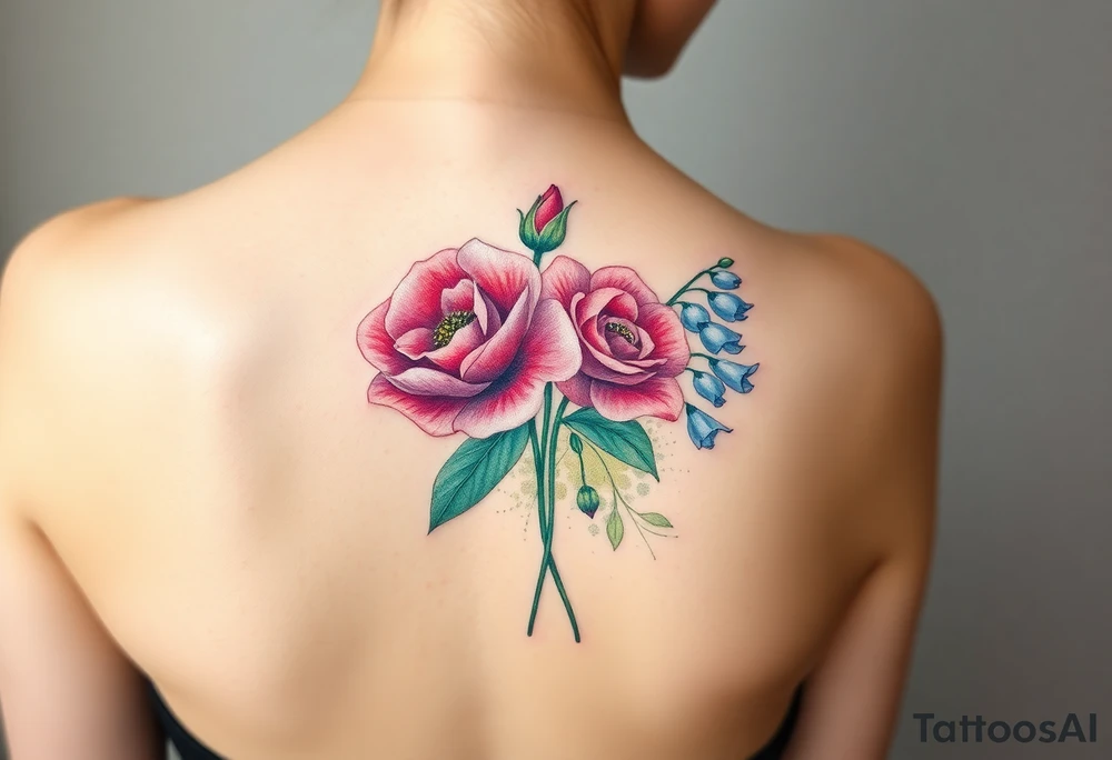 Bouquet of flowers with a carnation, rose, Lily of the valley, delphinium with stems Starting upper middle back to right shoulder tattoo idea