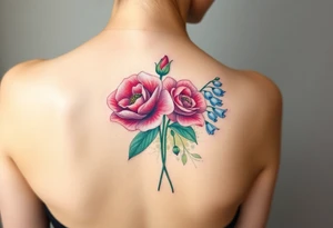 Bouquet of flowers with a carnation, rose, Lily of the valley, delphinium with stems Starting upper middle back to right shoulder tattoo idea