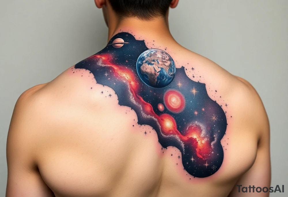 Beautiful and epic 3d milky way that appears to be what is beneath the skin. Make it drape over the shoulder and move to the middle back. use negative spaces to create planets and stars. tattoo idea
