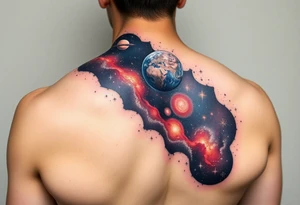 Beautiful and epic 3d milky way that appears to be what is beneath the skin. Make it drape over the shoulder and move to the middle back. use negative spaces to create planets and stars. tattoo idea