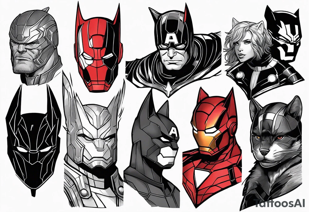 I want to change Avengers Team characters with animals. Hulk will be Badger, Thor will be Alpha Grey Wolf, Captain America will be Bull, Iron Man will be Canary, Black Widow will be Axolotl, Hawk Eye will be Sudan Plated Lizard and Nick Fury will be Cat. tattoo idea