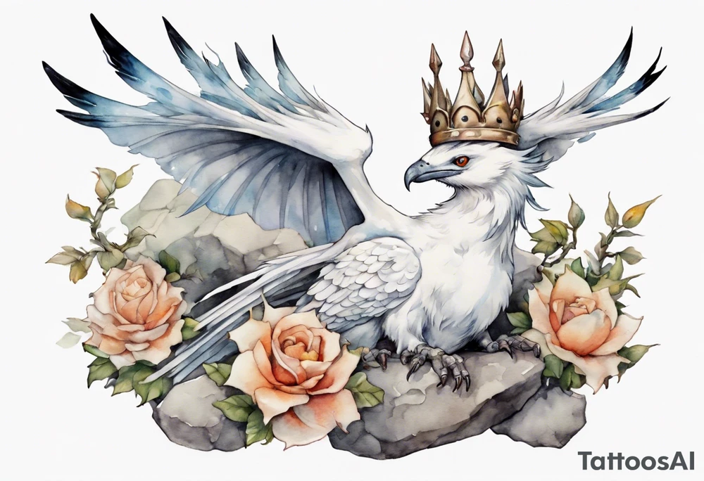 a white bird-wyvern hybrid, wearing a plain iron crown on head, perched on a stone tattoo idea