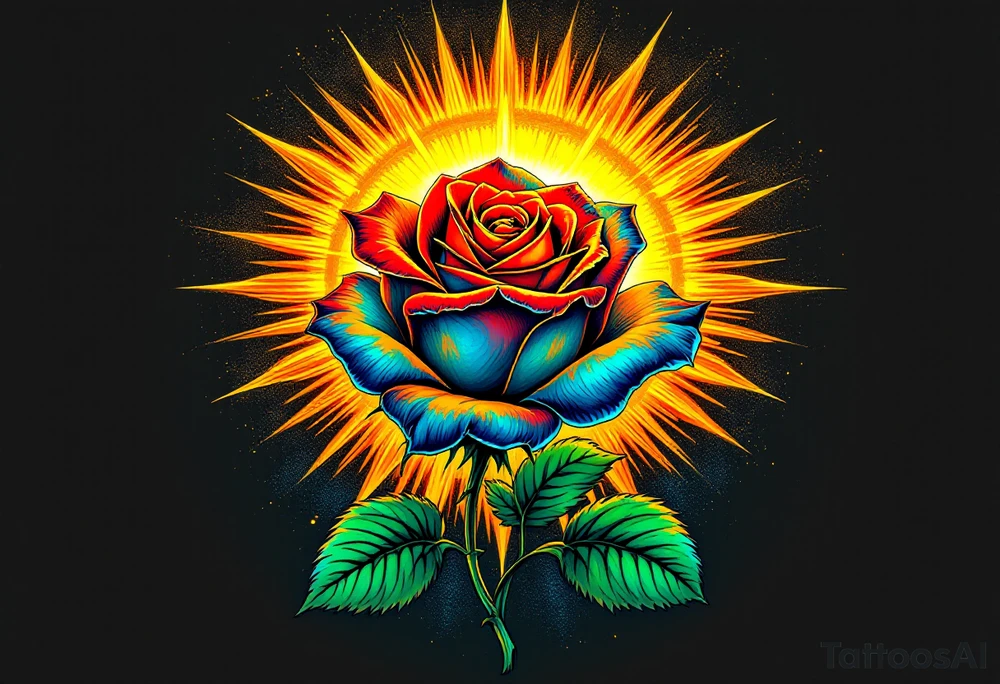Behind the rose, a glowing golden sun with sharp rays extending outward, painted in warm yellows and oranges to create a vibrant, fiery aura around the flower. The sun symbolizes energy, life, and growth. The light from the sun subtly illuminates the rose, reflecting its warmth. On the opposite side of the rose, a soft silver crescent moon, painted in light silver with soft blue highlights, casting a gentle glow over the rose. The moon represents calm, serenity, and the quieter aspects of love. The moon’s soft glow balances the brightness of the sun, symbolizing the balance between day and night. tattoo idea