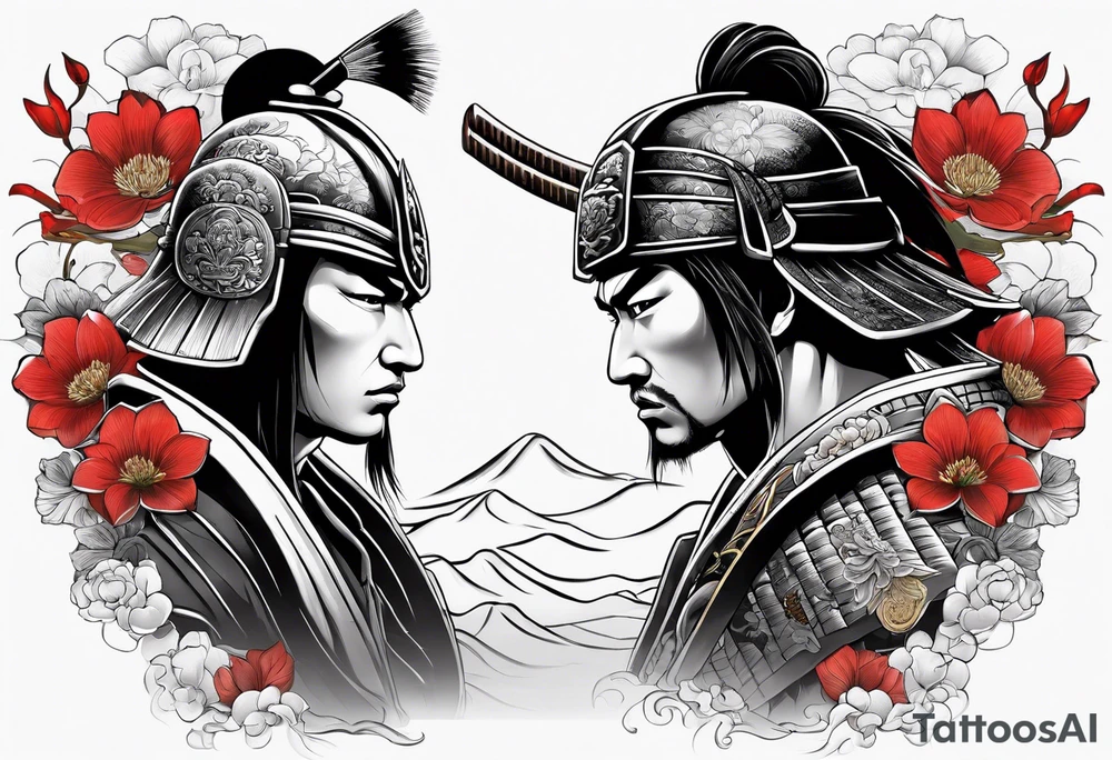 Samurai warrior and spartan warrior facing off, include lotus flowers in the background, both warriors should appear aggressive looking ready for battle,  turn this into a forearm sleeve tattoo idea
