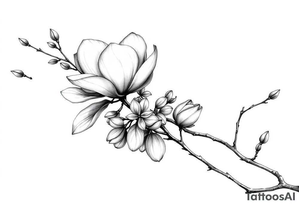 Graceful long magnolia branch with small closed flowers with accurate realistic botanical details tattoo idea
