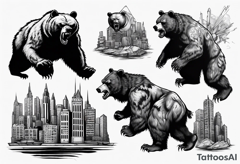 Angry bear coming up behind a city tattoo idea
