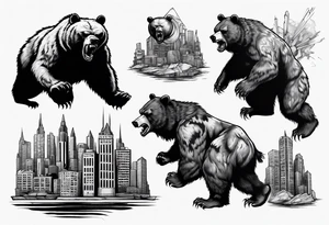 Angry bear coming up behind a city tattoo idea