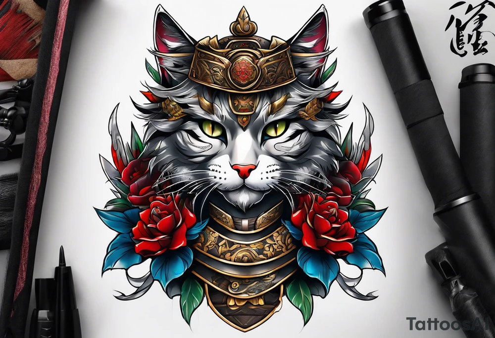 Cat with samurai armor full sleeve tattoo idea