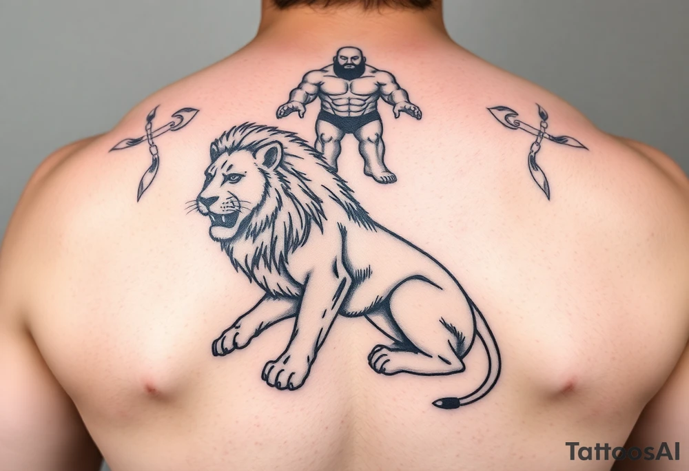 powerful majestic lion on a chain sitting under a giant of a person tattoo idea