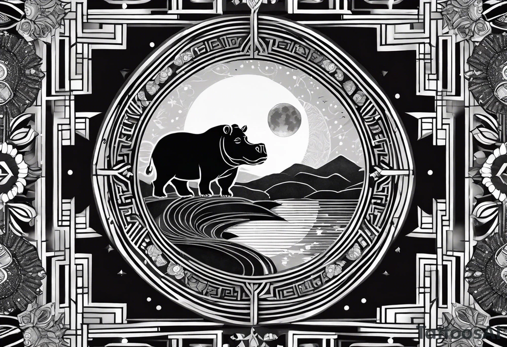 Very asymmetrical, +geometric pattern, with realistic full moon, with hippo,+tribal, +geometric, +inkart , +blackwork, +grey scale, + sketch
with wintersweet flower bud, +inkart touch, +for men, detailed , combined favourite , tattoo idea