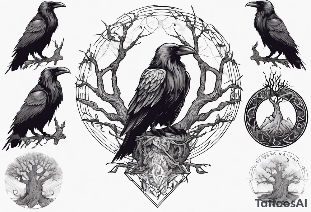 odin ravens sitting on yggdrasil tattoo idea