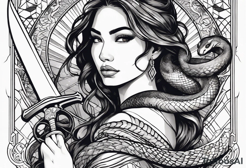A women looking at a sword holding earth in her hand with snake around her arm tattoo idea