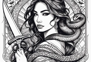 A women looking at a sword holding earth in her hand with snake around her arm tattoo idea