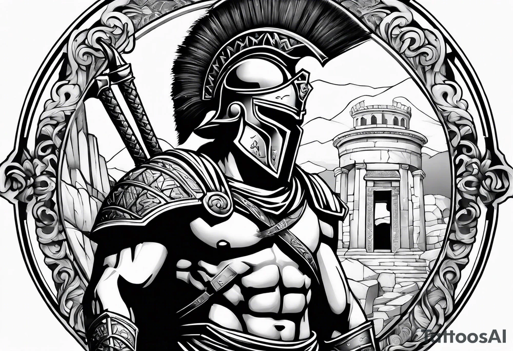Spartan solider with Ancient ruins all around tattoo idea