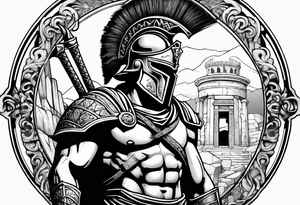 Spartan solider with Ancient ruins all around tattoo idea