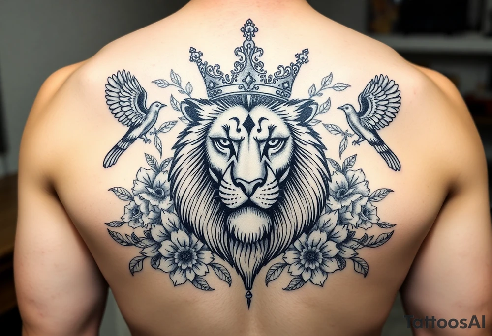 powerful majestic lion with a crown, surrounded by floral ornaments and birds tattoo idea