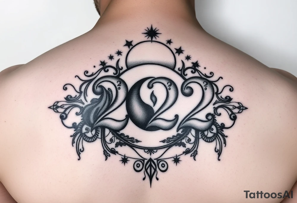 Number 222 surrounded with ying yang and sunset and love and stardust and vibration tattoo idea