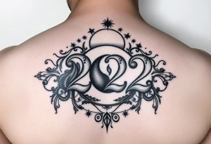 Number 222 surrounded with ying yang and sunset and love and stardust and vibration tattoo idea