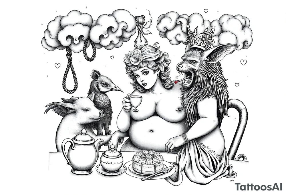 Storm clouds gothic sexy naked fat lady having a tea party with tea pots and 
with a pig, peacock, noose, lion, goat, smoking cigerettes looking in the mirror having sex with a man eating a cake thru storm clouds with razor blades and broken hearts and darkness and wrath, envy , gluttony, greed, sloth, pride kill tattoo idea