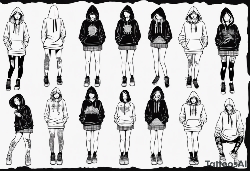 A person in short skirt wearing a hoodie with her legs crossed tattoo idea