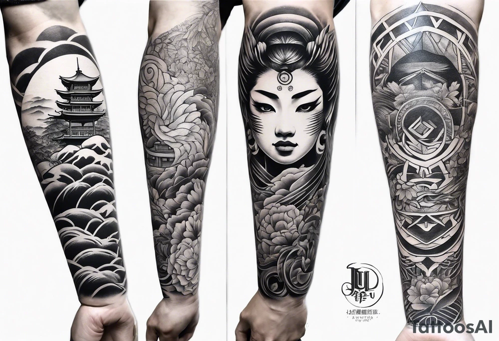 Japanese forearm sleeve stencil tattoo idea