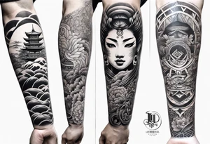 Japanese forearm sleeve stencil tattoo idea